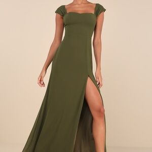 Magical Magnetism Olive Green Off-the-Shoulder Maxi Dress